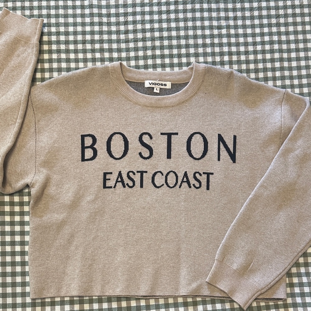 Vigoss Beige Crewneck Sweater with Black "Boston East Coast" Lettering